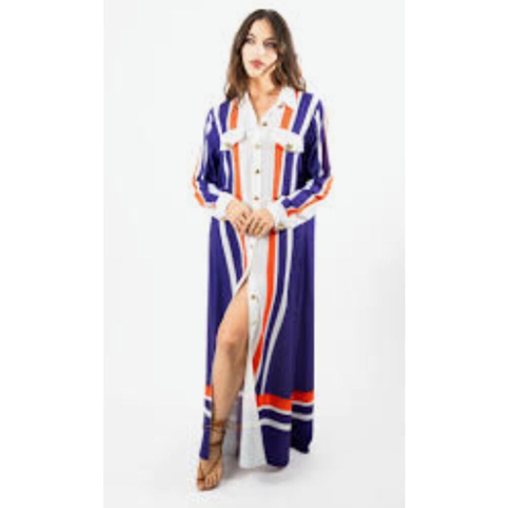 Cristina Sabatini Dress Small Zerlina Long Sleeve Maxi Shirt Stripe Nautical